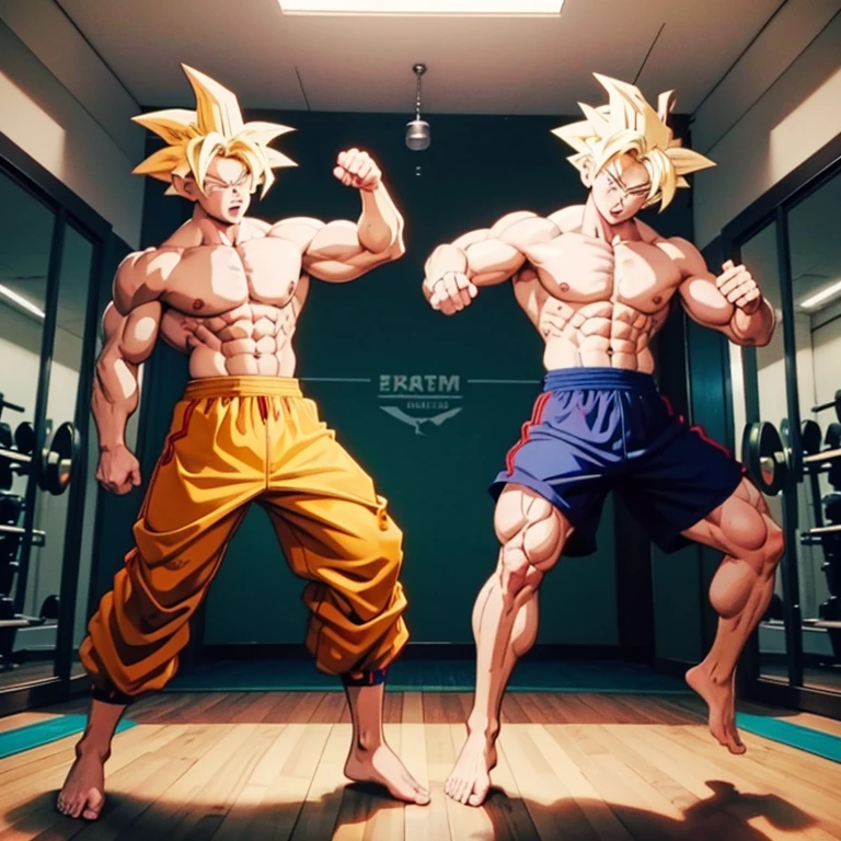 (Eine detaillierte Zeichnung von goku, bodybuilding gym.), shirtless, huge muscle Body, Big Bizeps, Big shoulders, muscukar legs,abs, barefoot, martial arts, high kick, Full body image