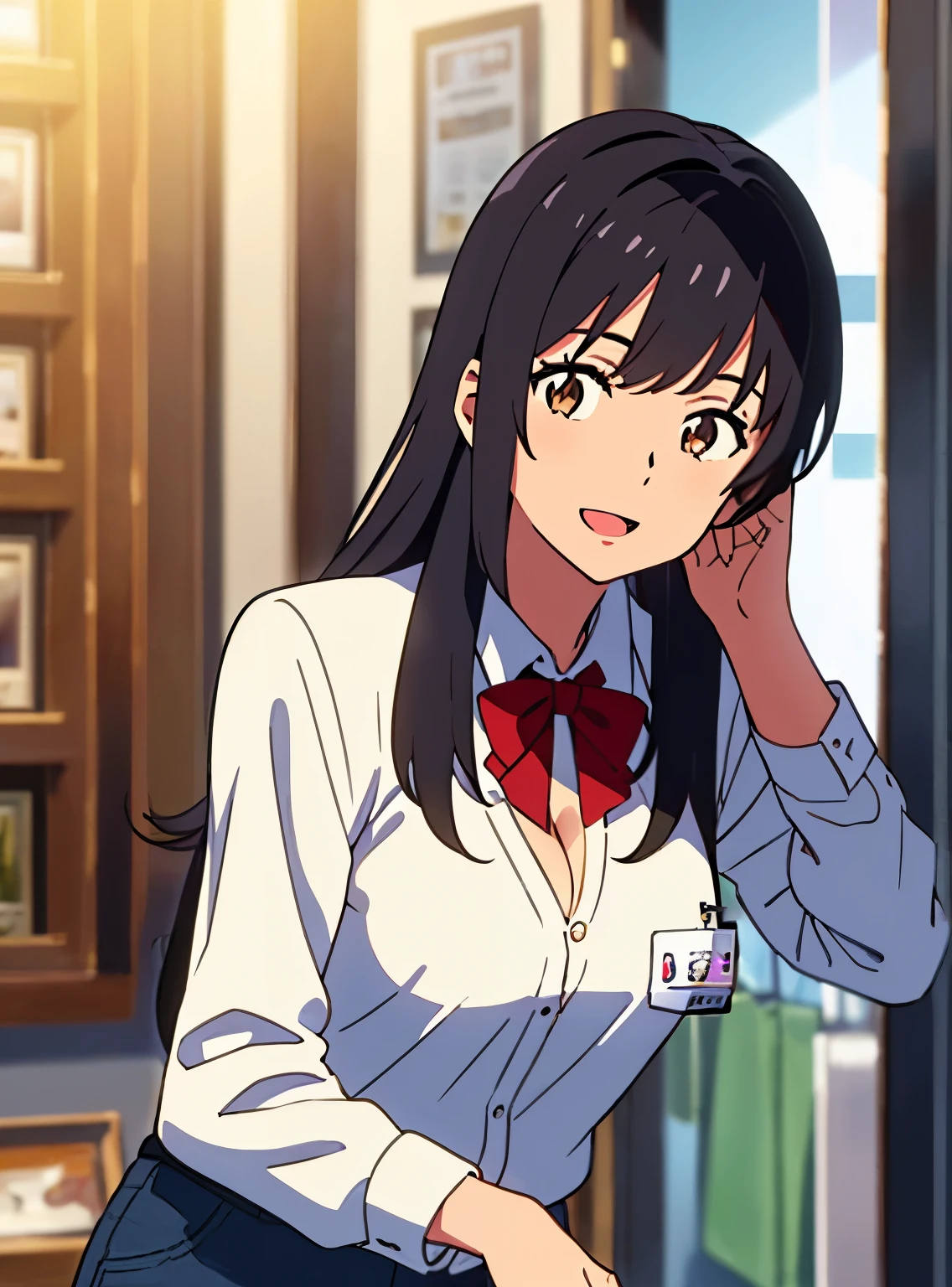 shinkai makoto, kimi no na wa., 1girl, bangs, black hair, brown eyes, open mouth :D, twisted half up hair, red ribbon, long hair, collared shirt, white long sleeve with button, breast, cleavage, medium breast, blue pants, name tag, sexy pose, looking at the viewer, jewelry shop, indoors mall, upper body, masterpiece, perfect anatomy, cowboyshot