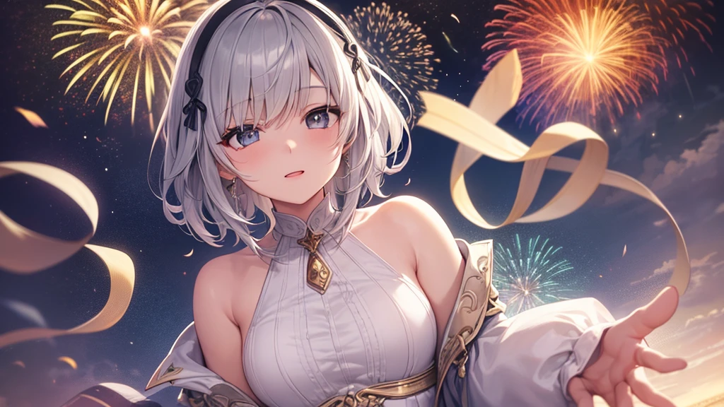 super high quality, with a girl, 20-year-old, very short hair, long bangs between the eyes, gray eyes , very detailed,(masterpiece、highest quality)、alone、gray hair、fantasy, silver hair, black eye, beautiful eyes, ecstasy, charm, be smitten with audience, white clothes、Fireworks go off、seaside