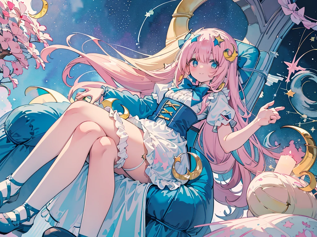 photo realistic, (masterpiece,best quality:1.4),(8k,raw photo,photo realistic:1.2), detailed skin, detailed face,1girl,Japanese idol,cute face, , Not Safe for Work, (overhead view:1.3), length hair, blue eyes, blonde hair, light smile, ((shiny wavy hair)), diadems, (A large crescent-shaped chair:1.8),(((sit on a crescent moon model))), ((outstretched hand)),doress, gothic dresses, shairband, shortsleeves, the bow hair, ((blue shairband)), a smile, red blush, light Blue Doress, Alice (Alice in Wonderland), White frilled legwear, ((Blue the Bow)), Puffy Sleeves, Bangss, Apron Dress, shortsleeves, ((Blue bow ribbon)), absurdly long hair, frilld, white gothic dresses,: q, masterpiece, top-quality, not safe for work, , , 14-yo, braided bangs, mary janes, (FULL Body), (((from below))),(Garter ring that looks like frilly panties), flat chest, yumekawa,yumekawaii,pastel color, (((star background:1.5))), imagination,light particle effect, aerial effect, perfect hand's, perfect fingers, (dreamy ambiance:1.4), [:(light gradation watercolor:1.5):8], (soft focus:1.1), (stars:1.5),　