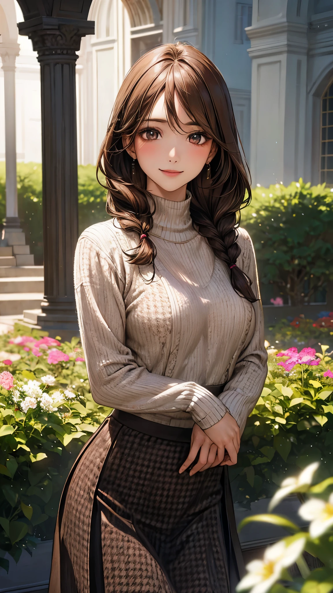 (masterpiece:1.2, top-quality), (realistic, photorealistic:1.4), beautiful illustration, (natural side lighting, movie lighting), nsfw,
looking at viewer, cowboy shot, front view:0.6, 1 girl, japanese, high school girl, perfect face, cute and symmetrical face, shiny skin,
(long hair:1.2, single braid:1.4, light brown hair), gold eyes, drooping eyes, long eye lasher, (large breasts:0.6),
beautiful hair, beautiful face, beautiful detailed eyes, beautiful clavicle, beautiful body, beautiful chest, beautiful thigh, beautiful legs, beautiful fingers,
((dark brown necksweater:1.7, , houndstooth long skirt, )),
(beautiful scenery), morning, flower garden, walking, (lovely smile, upper eyes),