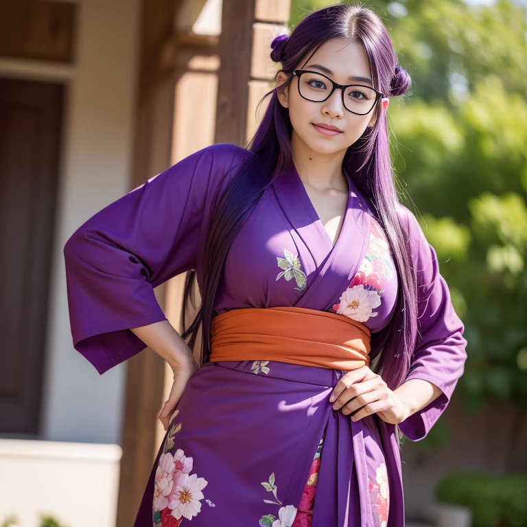 (masterpiece, best quality:1.4), (standing:1.5) (dynamic pose:1), 1girl, solo, (european youth:1), arale, glasses, blue eyes, long hair, purple hair, with the word "ARALE", red kimono with floral printed, looking at viewer, beautifull smile, shy, beautiful face, highly detailed face, highly detailed eyes, highly detailed skin, skin pores, subsurface scattering, realistic pupils, full face blush, full lips, detailed background, depth of field, volumetric lighting, sharp focus, absurdres, realistic proportions, good anatomy, (realistic, hyperrealistic:1.4), 16k hdr,