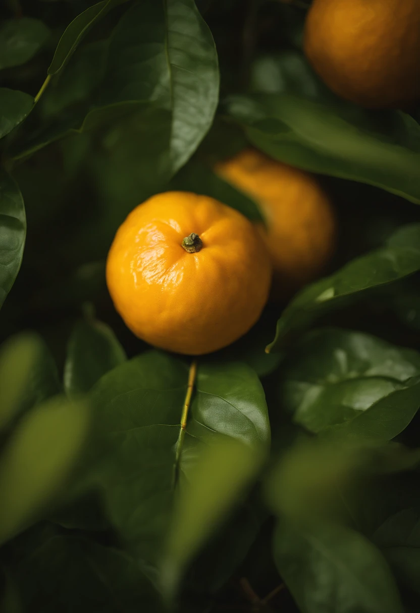 An aesthetic photography composition showcasing a yellow mandarin fruit amidst a cluster of vibrant green leaves, with the natural light casting beautiful shadows and highlights, creating a visually pleasing and organic scene.