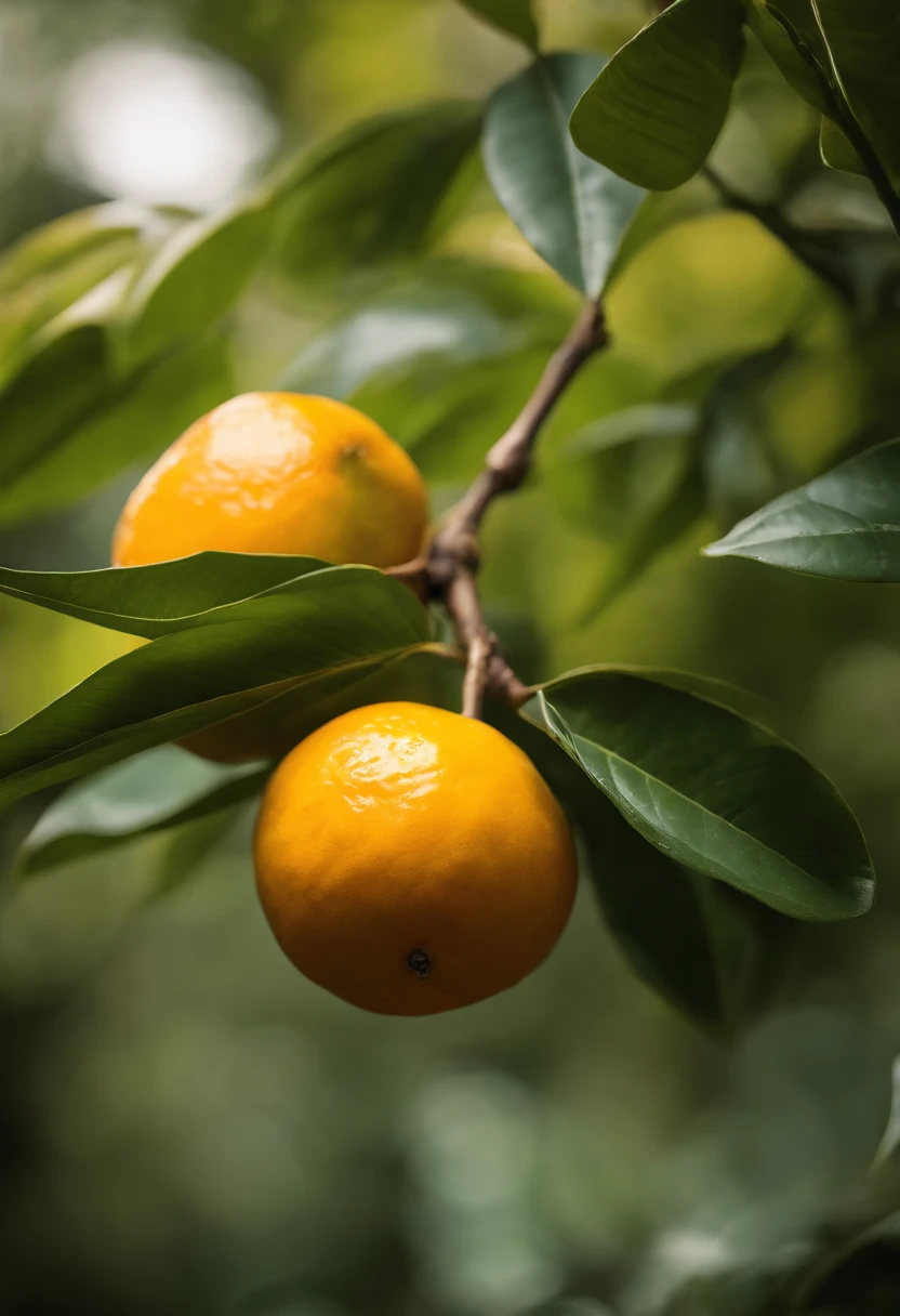 An aesthetic photography composition showcasing a yellow mandarin fruit amidst a cluster of vibrant green leaves, with the natural light casting beautiful shadows and highlights, creating a visually pleasing and organic scene.