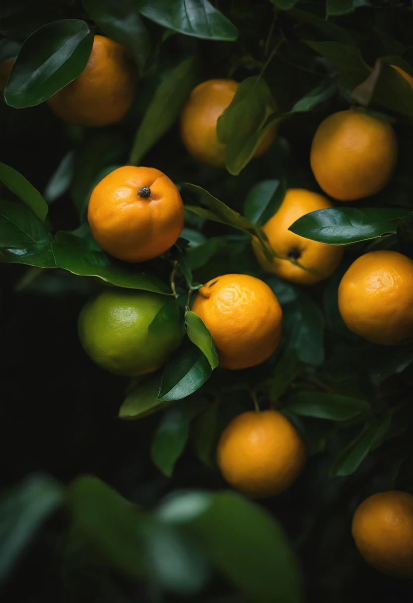 An aesthetic photography composition showcasing a yellow mandarin fruit amidst a cluster of vibrant green leaves, with the natural light casting beautiful shadows and highlights, creating a visually pleasing and organic scene.