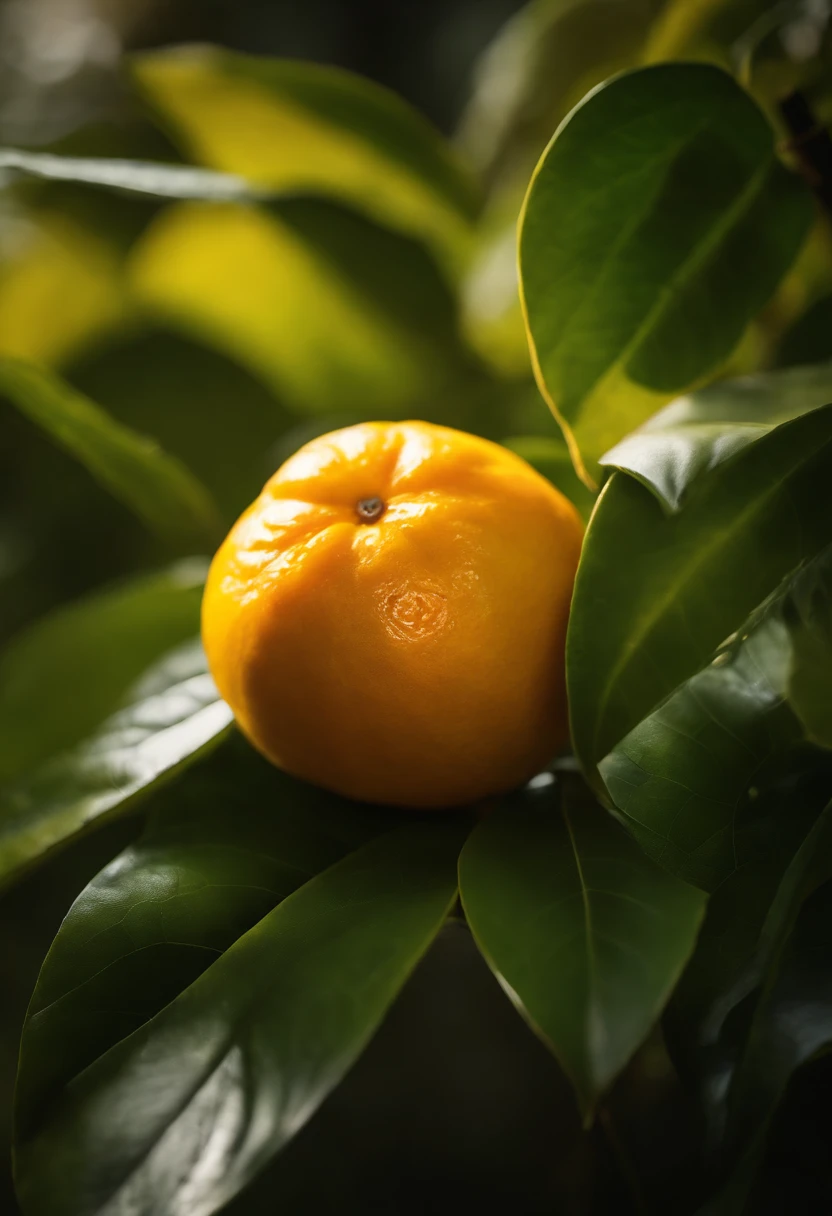An aesthetic photography composition showcasing a yellow mandarin fruit amidst a cluster of vibrant green leaves, with the natural light casting beautiful shadows and highlights, creating a visually pleasing and organic scene.