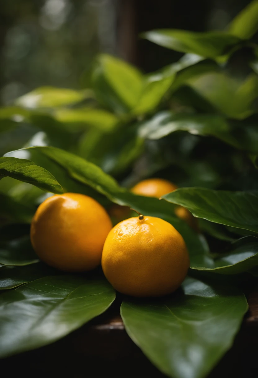 An aesthetic photography composition showcasing a yellow mandarin fruit amidst a cluster of vibrant green leaves, with the natural light casting beautiful shadows and highlights, creating a visually pleasing and organic scene.