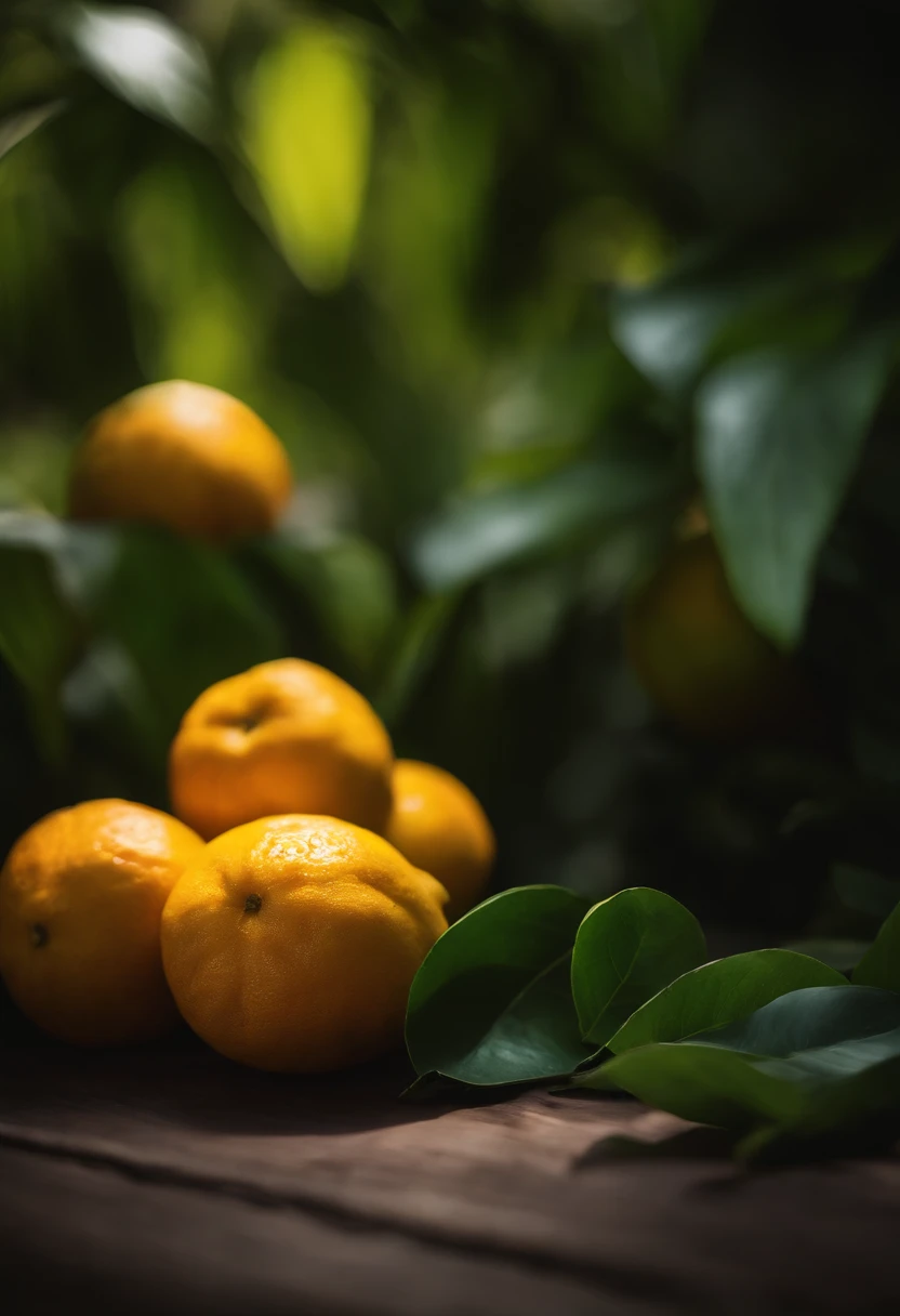 An aesthetic photography composition showcasing a yellow mandarin fruit amidst a cluster of vibrant green leaves, with the natural light casting beautiful shadows and highlights, creating a visually pleasing and organic scene.