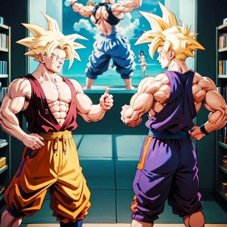 (Eine detaillierte Zeichnung von goku, bodybuilding gym.), shirtless, huge muscle Body, Big Bizeps, Big shoulders, muscukar legs,abs, barefoot, martial arts, high kick, Full body image 