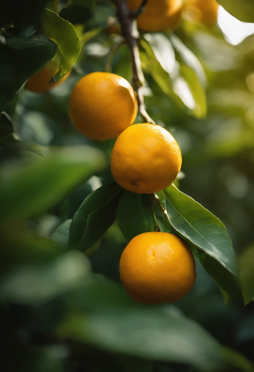 An aesthetic photography composition showcasing a yellow mandarin fruit amidst a cluster of vibrant green leaves, with the natural light casting beautiful shadows and highlights, creating a visually pleasing and organic scene.