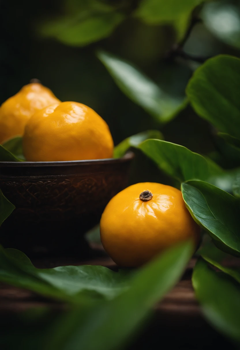 An aesthetic photography composition showcasing a yellow mandarin fruit amidst a cluster of vibrant green leaves, with the natural light casting beautiful shadows and highlights, creating a visually pleasing and organic scene.