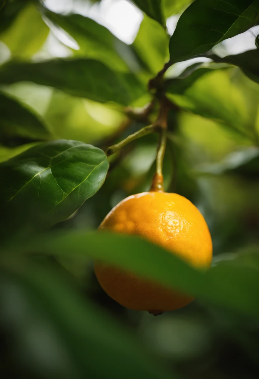 An aesthetic photography composition showcasing a yellow mandarin fruit amidst a cluster of vibrant green leaves, with the natural light casting beautiful shadows and highlights, creating a visually pleasing and organic scene.