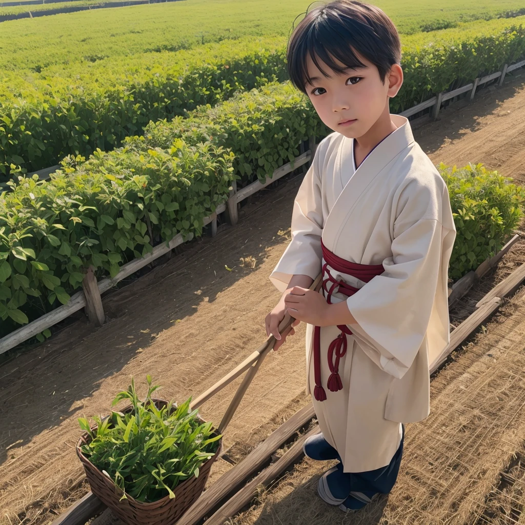  High resolution, Super detailed, masterpiece, highest quality,oriental、boy、Wearing traditional Japanese costumes、alone、boy doing farm work、