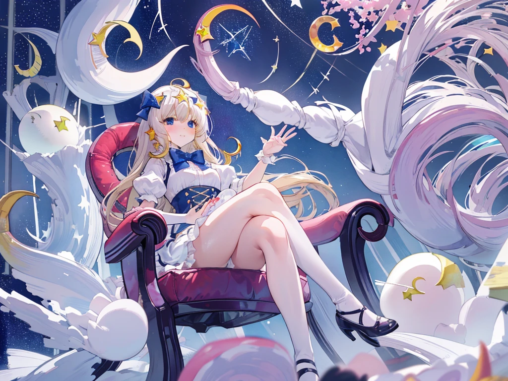 photo realistic, (masterpiece,best quality:1.4),(8k,raw photo,photo realistic:1.2), detailed skin, detailed face,1girl,Japanese idol,cute face, , Not Safe for Work, (overhead view:1.3), length hair, blue eyes, blonde hair, light smile, ((shiny wavy hair)), diadems, (A large crescent-shaped chair:1.8),(((sit on a crescent moon model))), ((outstretched hand)),doress, gothic dresses, shairband, shortsleeves, the bow hair, ((blue shairband)), a smile, red blush, light Blue Doress, Alice (Alice in Wonderland), White frilled legwear, ((Blue the Bow)), Puffy Sleeves, Bangss, Apron Dress, shortsleeves, ((Blue bow ribbon)), absurdly long hair, frilld, white gothic dresses,: q, masterpiece, top-quality, not safe for work, , , 14-yo, braided bangs, mary janes, (FULL Body), (((from below))),(Garter ring that looks like frilly panties), flat chest, yumekawa,yumekawaii,pastel color, (((star background:1.5))), imagination,light particle effect, aerial effect, perfect hand's, perfect fingers, (dreamy ambiance:1.4), [:(light gradation watercolor:1.5):8], (soft focus:1.1), (stars:1.5),　