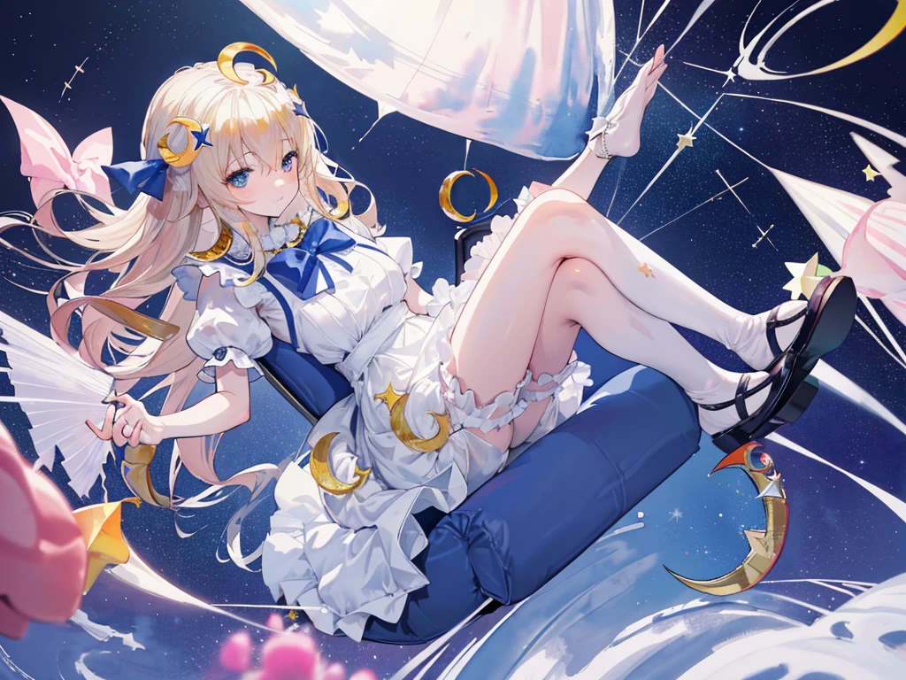 photo realistic, (masterpiece,best quality:1.4),(8k,raw photo,photo realistic:1.2), detailed skin, detailed face,1girl,Japanese idol,cute face, , Not Safe for Work, (overhead view:1.3), length hair, blue eyes, blonde hair, light smile, ((shiny wavy hair)), diadems, (((sit on a crescent moon model))), ((outstretched hand)),doress, gothic dresses, shairband, shortsleeves, the bow hair, ((blue shairband)), a smile, red blush, light Blue Doress, Alice (Alice in Wonderland), White frilled legwear, ((Blue the Bow)), Puffy Sleeves, Bangss, Apron Dress, shortsleeves, ((Blue bow ribbon)), absurdly long hair, frilld, white gothic dresses,: q, masterpiece, top-quality, not safe for work, , , 14-yo, braided bangs, mary janes, (FULL Body), (((from below))),(Garter ring that looks like frilly panties), flat chest, yumekawa,yumekawaii,pastel color, (((star background:1.5))), imagination,light particle effect, aerial effect, perfect hand's, perfect fingers, (dreamy ambiance:1.4), [:(light gradation watercolor:1.5):8], (soft focus:1.1), (stars:1.5),　(A large crescent-shaped chair:1.8),
