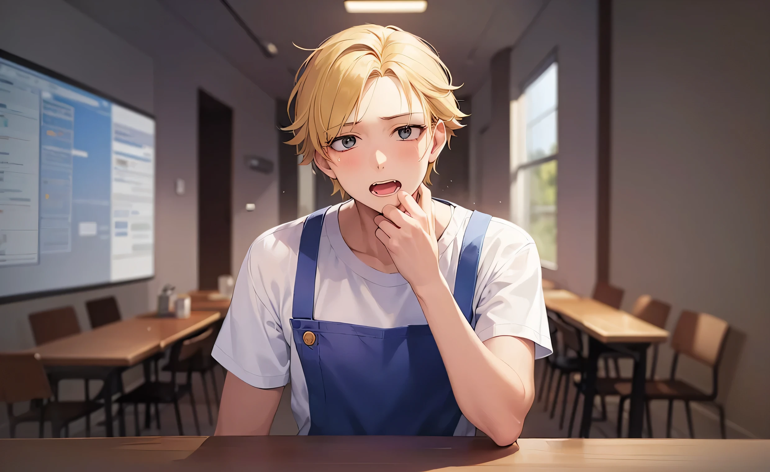 The background is a conference room、wall、window