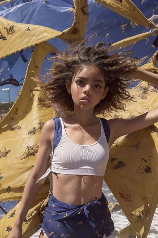 (()) con piel oscura muy profunda, cabello afro, Coletas afro, ojos amarillos, africano, Wearing a sleeveless bra, ombligo , very Wet skin, piernas aparte, en la arena, cielo nublado: 1.7, ((mucho viento: 1.7))