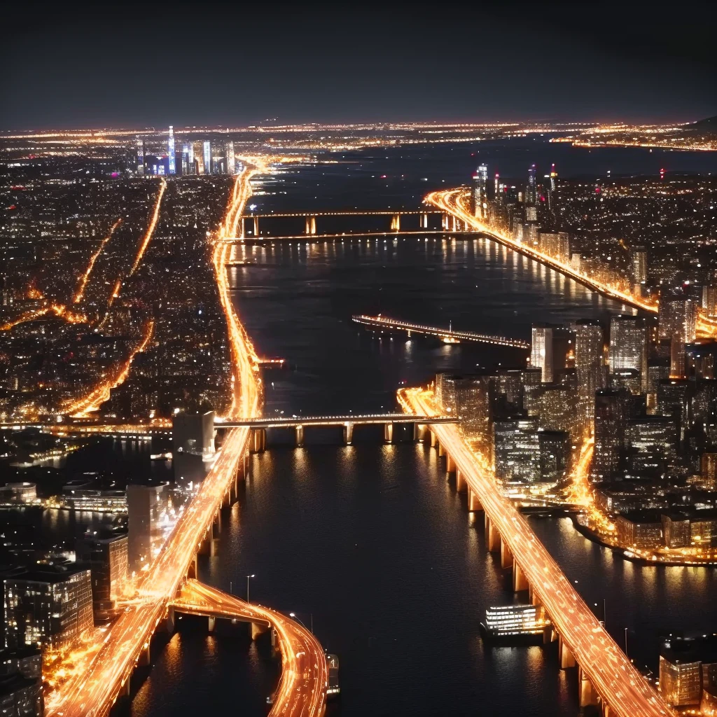 Night city view with bridge and river, VFX Powers at Night in the City, night footage, With lights at night, cinematic shot ar 9:16 -n 6 -g, Vast cinematic view, 8K 28mm Cinematic Photo, beautiful night view, with glowing lights at night, drone view of a city