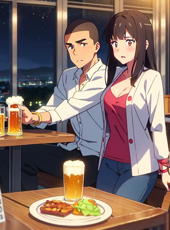 shinkai makoto, kimi no na wa., 1boy, buzzcut, office attire, boy's arms placed over girl's shoulder, drunk, boy sit beside girl, boy caressing girl's body, 1girl, bangs, black hair, brown eyes, open mouth, blush, twisted half up, red ribbon, long hair, long sleeve light yellow cardigan, open shirt, white shirt, cleavage, blue pants, drinking party,nomikai, table, food drinks, beer, indoors, night, masterpiece, perfect anatomy, cowboyshot,