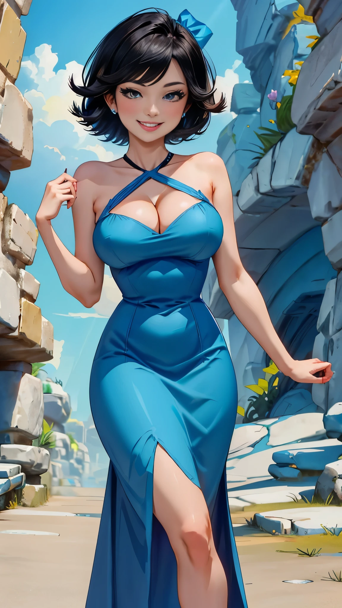 (Betty OC:1), (short hair, black hair, blue dress, bare shoulders:1), (curved, Big breasts), looking at the audience, Smile, lean forward, Sexy, Lovely, cave,( hairpin:1.2), cleavage portrait, 
(masterpiece:1.2), (best quality, best quality), (Super detailed), (8k, 4K, complex), (50mm), 
 