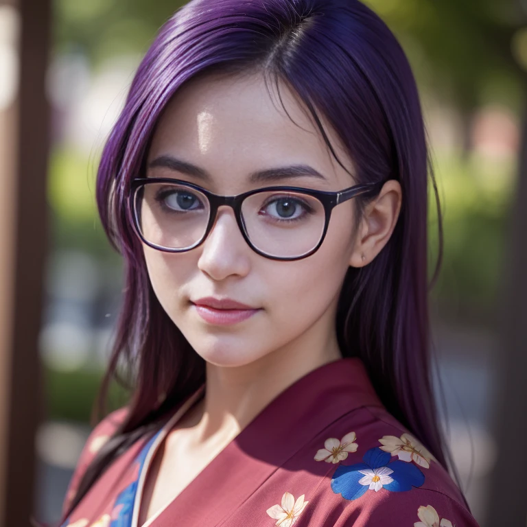 (masterpiece, best quality:1.4), (standing:1.5) (graceful pose:1), 1girl, solo, (european youth:1), arale, glasses, blue eyes, long hair, purple hair, with the word "ARALE", red kimono with floral printed, looking at viewer, beautifull smile, shy and graceful, beautiful face, highly detailed face, highly detailed eyes, highly detailed skin, skin pores, subsurface scattering, realistic pupils, full face blush, full lips, detailed background, depth of field, volumetric lighting, sharp focus, absurdres, realistic proportions, good anatomy, (realistic, hyperrealistic:1.4), 16k hdr,