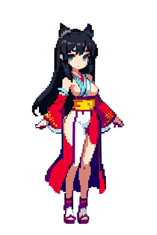 (masterpiece, highest quality, highest quality), pixel,pixel art,1 girl,icon，Japanese shrines，shrine maiden，kimono，Cat ear，Pixel art，sexy，Upper body，cute，humiliation，lost to the enemy，chest exposed，Clear face，I can see the nipples，Breast and nipples exposed，game，gameicon，Nes，gameキャラクター，long hair，cute，pixelアート，Street Fighter，black hair，
 