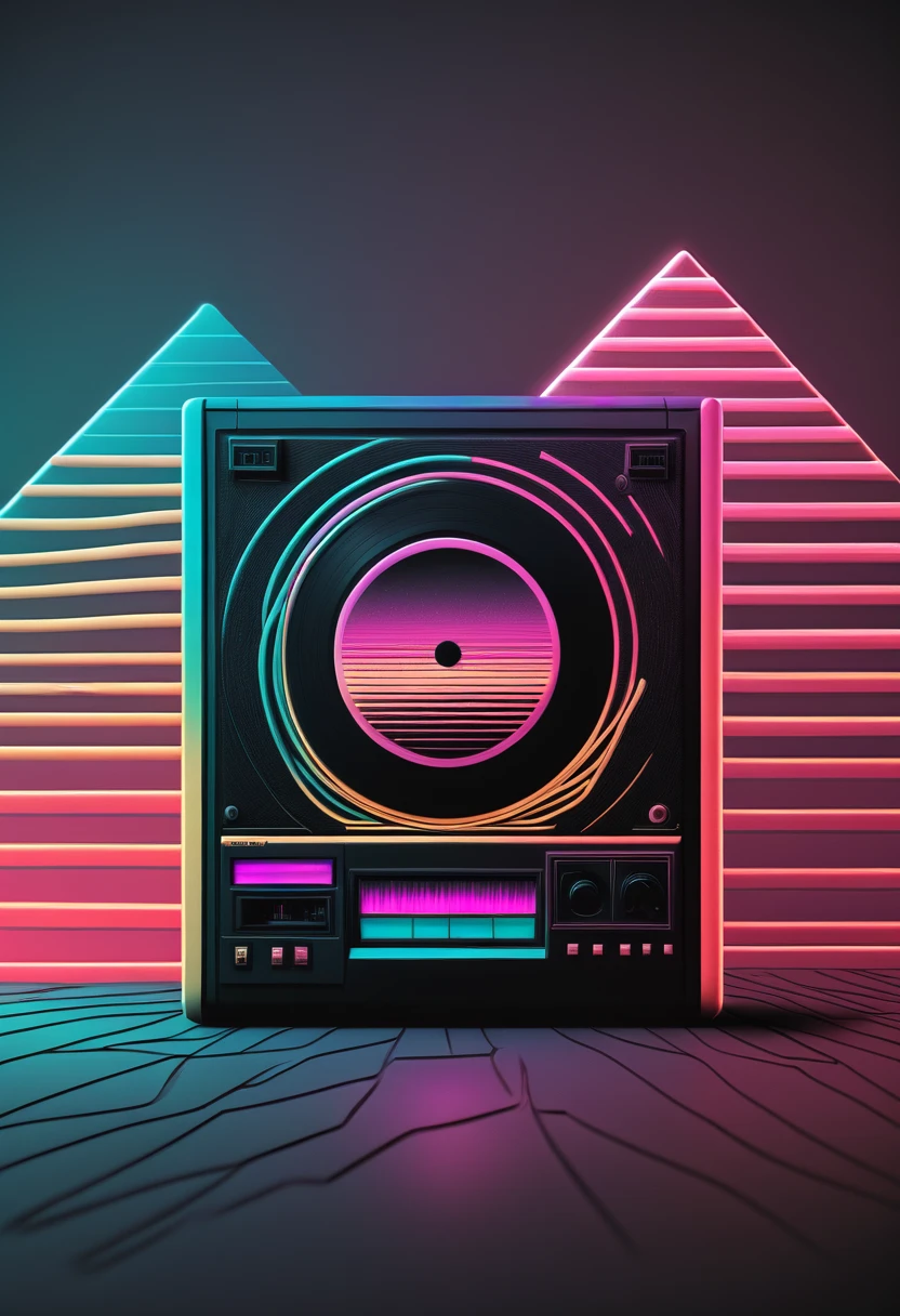 Retrowave, synthwave, a vintage vinyl record, dusty, scratches, old-fashioned, worn-out, grooves, retro design, classic music, spinning round and round, turntable, needle, musical nostalgia, soft crackling sound, black and white album cover, vintage vibes, nostalgic atmosphere, timeless melodies, spinning discs, analog sound, 80s style, music lovers, vinyl collection, laser show, immersive experience, dance floor, vibrant nightlife, disco ball, party atmosphere, pulsating beats, euphoric moments, electric energy, exhilarating ambiance, mesmerizing light effects, immersive audio experience, Vaporwave Aesthetic style and zentangle style, retrowave. synthwave, retro futuristic, video game, vector vaporwave,,blurred, crunch it, make it outstanding, the best emotive silhouette ever, sparkles, musical explosions, flying musical notes, magical, thanks. By Tupu...lol...