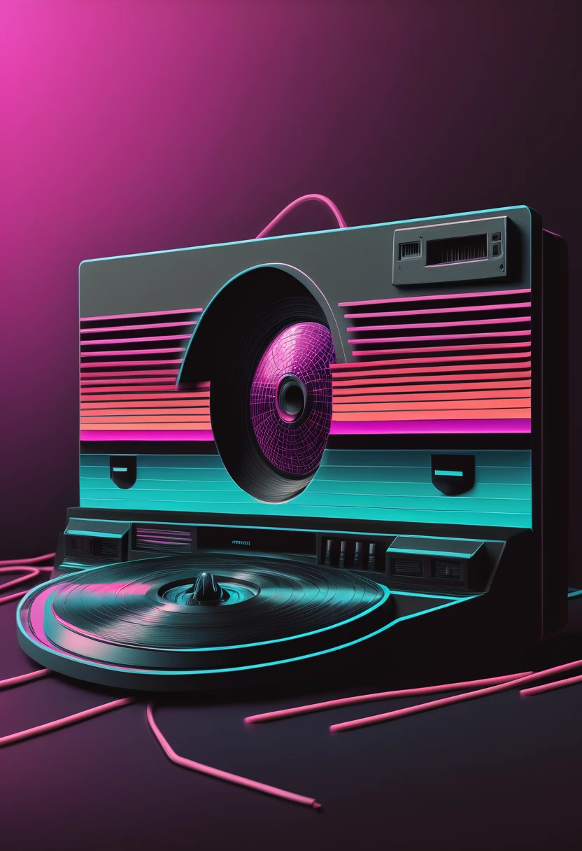 Retrowave, synthwave, a vintage vinyl record, dusty, scratches, old-fashioned, worn-out, grooves, retro design, classic music, spinning round and round, turntable, needle, musical nostalgia, soft crackling sound, black and white album cover, vintage vibes, nostalgic atmosphere, timeless melodies, spinning discs, analog sound, 80s style, music lovers, vinyl collection, laser show, immersive experience, dance floor, vibrant nightlife, disco ball, party atmosphere, pulsating beats, euphoric moments, electric energy, exhilarating ambiance, mesmerizing light effects, immersive audio experience, Vaporwave Aesthetic style and zentangle style, retrowave. synthwave, retro futuristic, video game, vector vaporwave,,blurred, crunch it, make it outstanding, the best emotive silhouette ever, sparkles, musical explosions, flying musical notes, magical, thanks. By Tupu...lol...