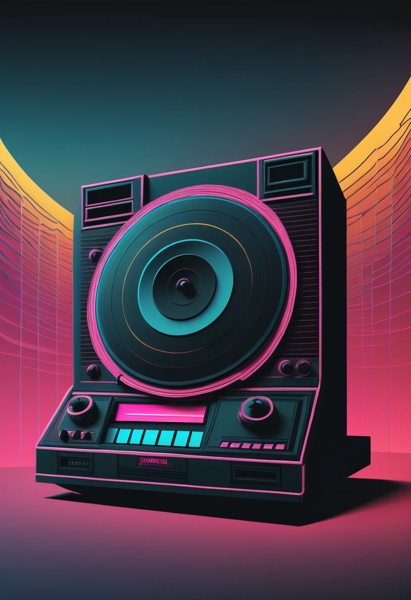 Retrowave, synthwave, a vintage vinyl record, dusty, scratches, old-fashioned, worn-out, grooves, retro design, classic music, spinning round and round, turntable, needle, musical nostalgia, soft crackling sound, black and white album cover, vintage vibes, nostalgic atmosphere, timeless melodies, spinning discs, analog sound, 80s style, music lovers, vinyl collection, laser show, immersive experience, dance floor, vibrant nightlife, disco ball, party atmosphere, pulsating beats, euphoric moments, electric energy, exhilarating ambiance, mesmerizing light effects, immersive audio experience, Vaporwave Aesthetic style and zentangle style, retrowave. synthwave, retro futuristic, video game, vector vaporwave,,blurred, crunch it, make it outstanding, the best emotive silhouette ever, sparkles, musical explosions, flying musical notes, magical, thanks. By Tupu...lol...