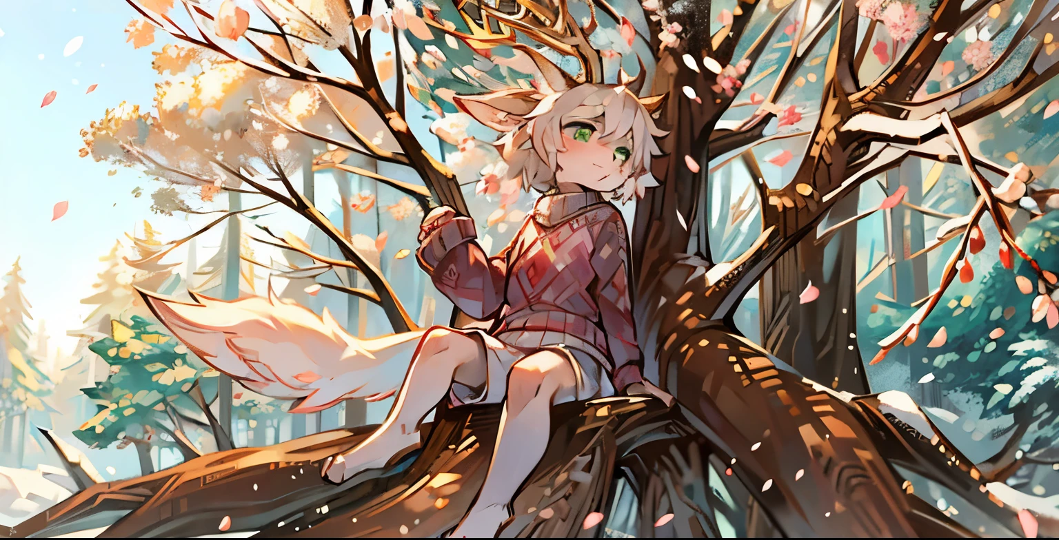 A white deer，antlers，Sit on a tree，Snow，Folding fan in hand，snowflake，covered with snow，forest，falling petals，Crystal pupils，Green eyes，A petal falls on the hand，Lovely Shota，A sad look，White costume，sweater，look back