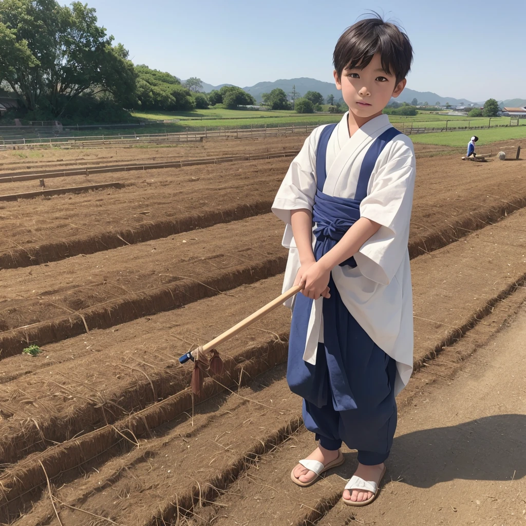  High resolution, Super detailed, masterpiece, highest quality,oriental、boy、Wearing traditional Japanese costumes、alone、boy doing farm work、