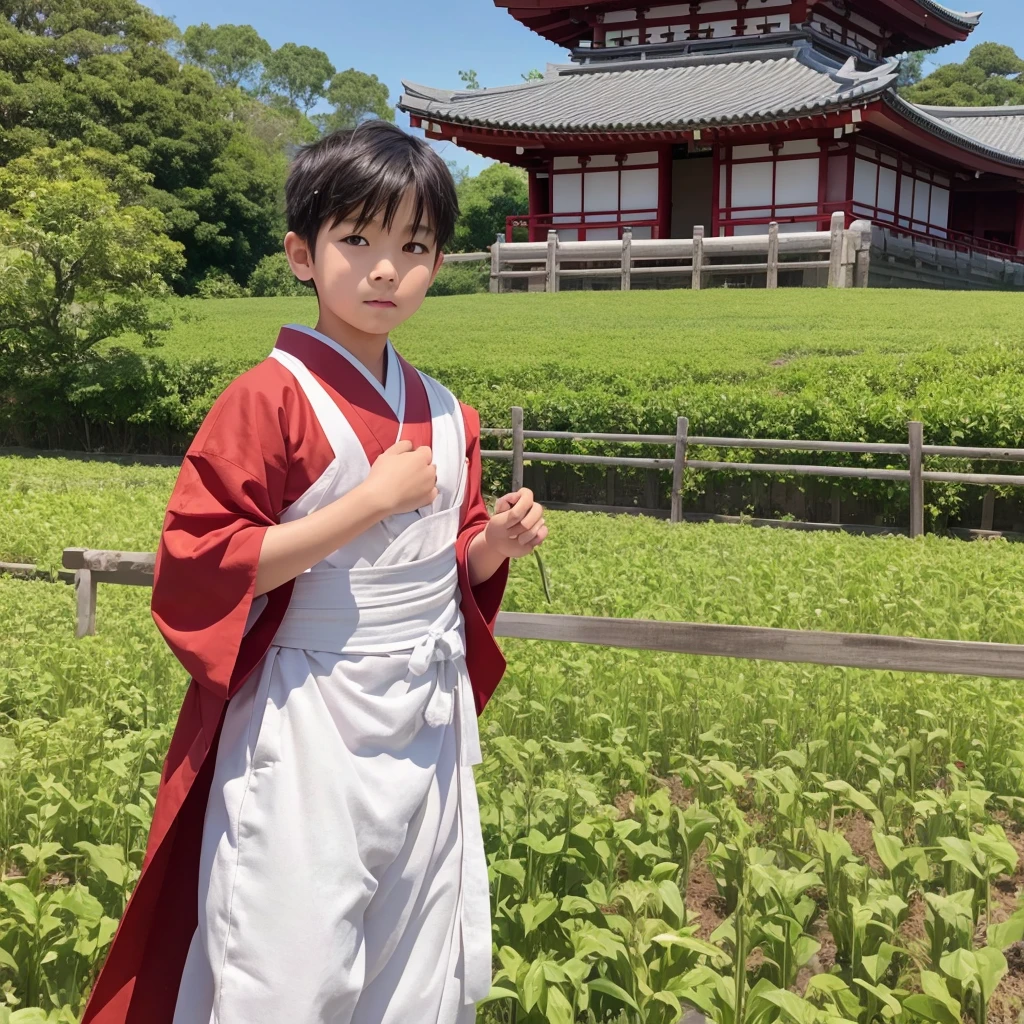 High resolution, Super detailed, masterpiece, highest quality,oriental、boy、Wearing traditional Japanese costumes、alone、boy doing farm work、