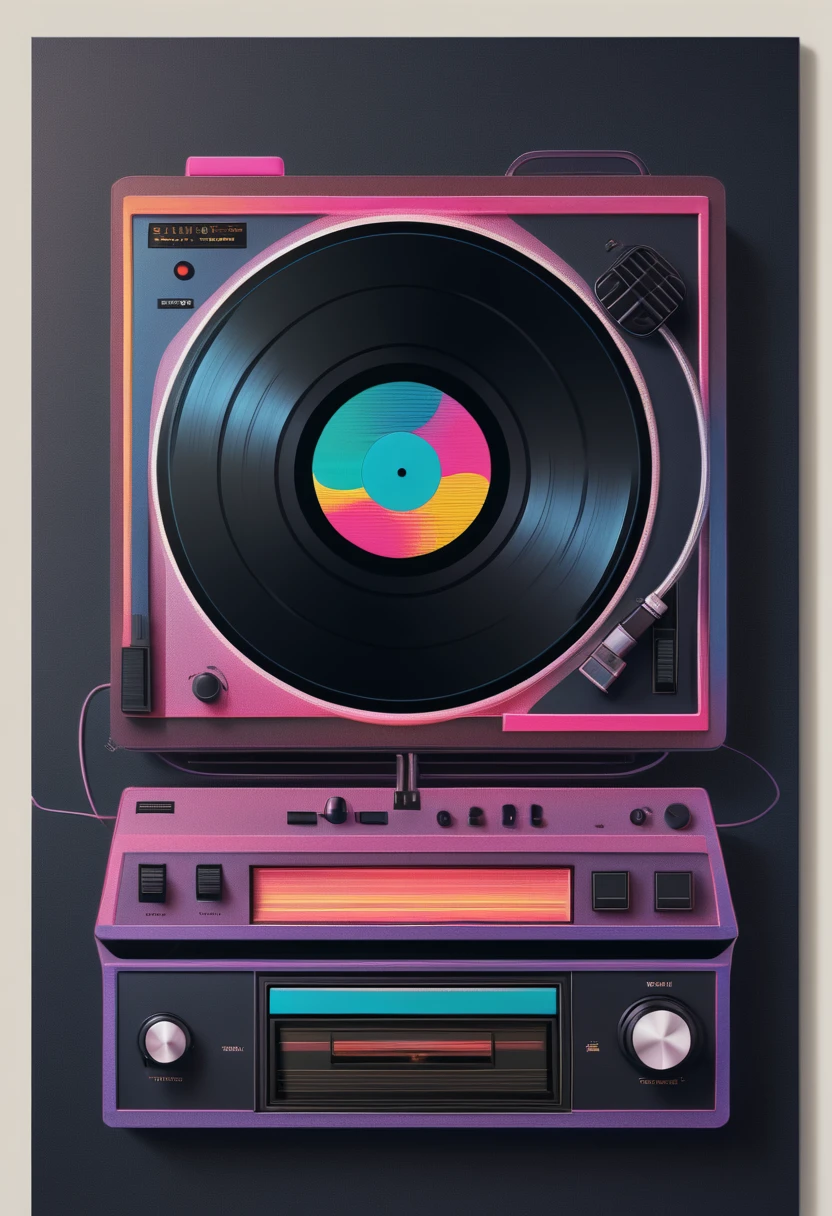 Retrowave, synthwave, a vintage vinyl record, dusty, scratches, old-fashioned, worn-out, grooves, retro design, classic music, spinning round and round, turntable, needle, musical nostalgia, soft crackling sound, black and white album cover, vintage vibes, nostalgic atmosphere, timeless melodies, spinning discs, analog sound, 80s style, music lovers, vinyl collection, laser show, immersive experience, dance floor, vibrant nightlife, disco ball, party atmosphere, pulsating beats, euphoric moments, electric energy, exhilarating ambiance, mesmerizing light effects, immersive audio experience, Vaporwave Aesthetic style and zentangle style, retrowave. synthwave, retro futuristic, video game, vector vaporwave,,blurred, crunch it, make it outstanding, the best emotive silhouette ever, sparkles, musical explosions, flying musical notes, magical, thanks. By Tupu...lol...