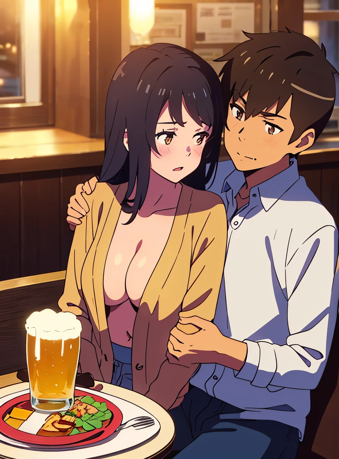 shinkai makoto, kimi no na wa., 1boy, buzzcut, office attire, boy's arms placed over girl's shoulder, drunk, boy sit beside girl, boy caressing girl's body, 1girl, bangs, black hair, brown eyes, open mouth, blush, twisted half up, red ribbon, long hair, long sleeve light yellow cardigan, open shirt, white shirt, cleavage, blue pants, drinking party,nomikai, table, food drinks, beer, indoors, night, masterpiece, perfect anatomy, cowboyshot,