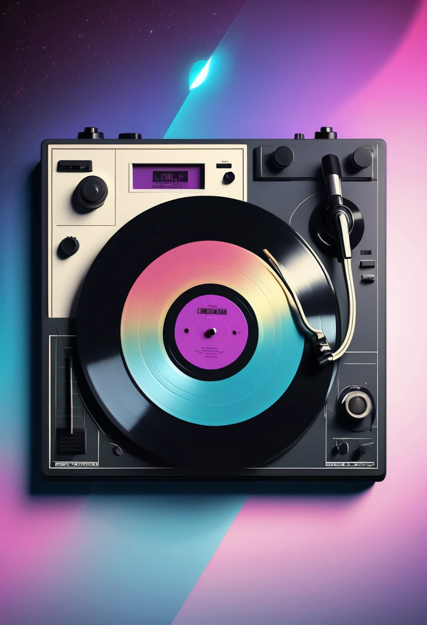 Retrowave, synthwave, a vintage vinyl record, dusty, scratches, old-fashioned, worn-out, grooves, retro design, classic music, spinning round and round, turntable, needle, musical nostalgia, soft crackling sound, black and white album cover, vintage vibes, nostalgic atmosphere, timeless melodies, spinning discs, analog sound, 80s style, music lovers, vinyl collection, laser show, immersive experience, dance floor, vibrant nightlife, disco ball, party atmosphere, pulsating beats, euphoric moments, electric energy, exhilarating ambiance, mesmerizing light effects, immersive audio experience, Vaporwave Aesthetic style and zentangle style, retrowave. synthwave, retro futuristic, video game, vector vaporwave,,blurred, crunch it, make it outstanding, the best emotive silhouette ever, sparkles, musical explosions, flying musical notes, magical, thanks. By Tupu...lol...