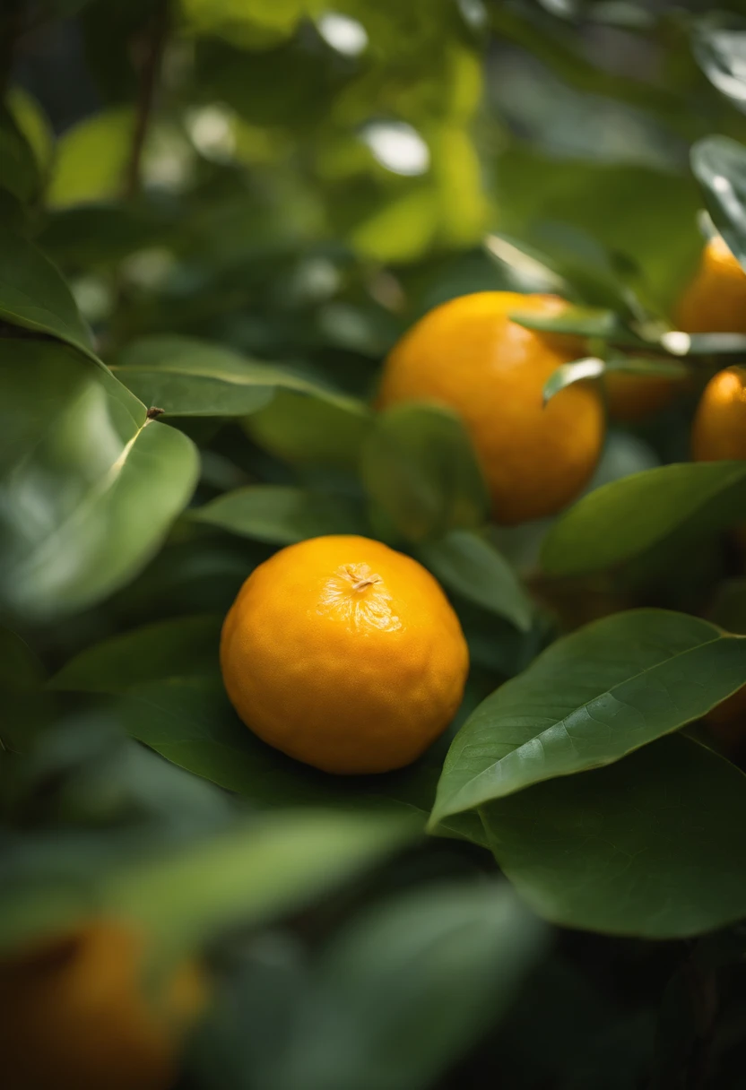 An aesthetic photography composition showcasing a yellow mandarin fruit amidst a cluster of vibrant green leaves, with the natural light casting beautiful shadows and highlights, creating a visually pleasing and organic scene.