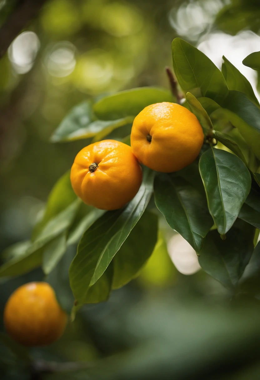 An aesthetic photography composition showcasing a yellow mandarin fruit amidst a cluster of vibrant green leaves, with the natural light casting beautiful shadows and highlights, creating a visually pleasing and organic scene.