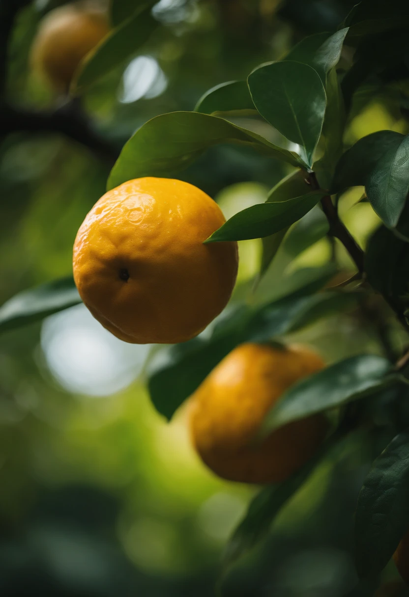 An aesthetic photography composition showcasing a yellow mandarin fruit amidst a cluster of vibrant green leaves, with the natural light casting beautiful shadows and highlights, creating a visually pleasing and organic scene.