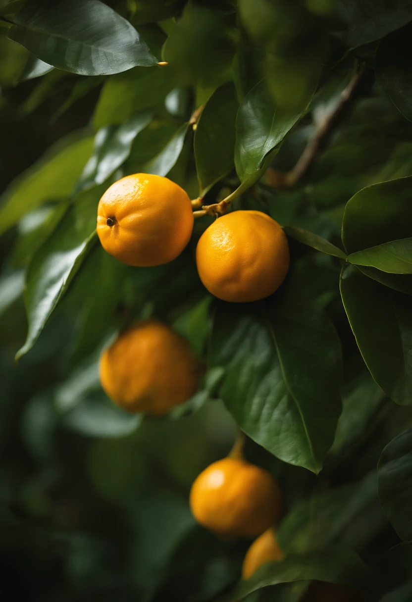 An aesthetic photography composition showcasing a yellow mandarin fruit amidst a cluster of vibrant green leaves, with the natural light casting beautiful shadows and highlights, creating a visually pleasing and organic scene.