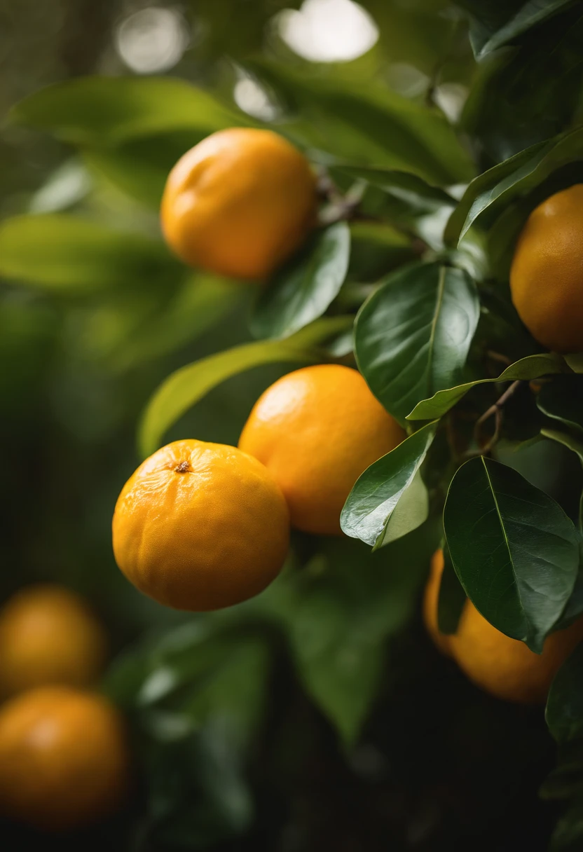 An aesthetic photography composition showcasing a yellow mandarin fruit amidst a cluster of vibrant green leaves, with the natural light casting beautiful shadows and highlights, creating a visually pleasing and organic scene.