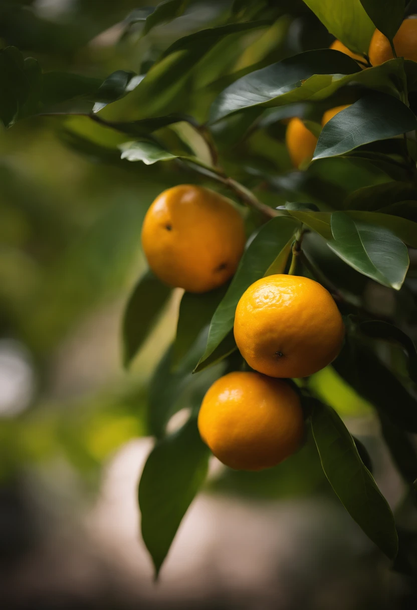 An aesthetic photography composition showcasing a yellow mandarin fruit amidst a cluster of vibrant green leaves, with the natural light casting beautiful shadows and highlights, creating a visually pleasing and organic scene.