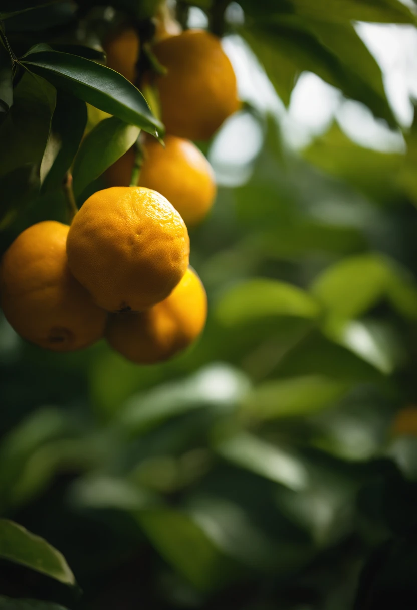 An aesthetic photography composition showcasing a yellow mandarin fruit amidst a cluster of vibrant green leaves, with the natural light casting beautiful shadows and highlights, creating a visually pleasing and organic scene.