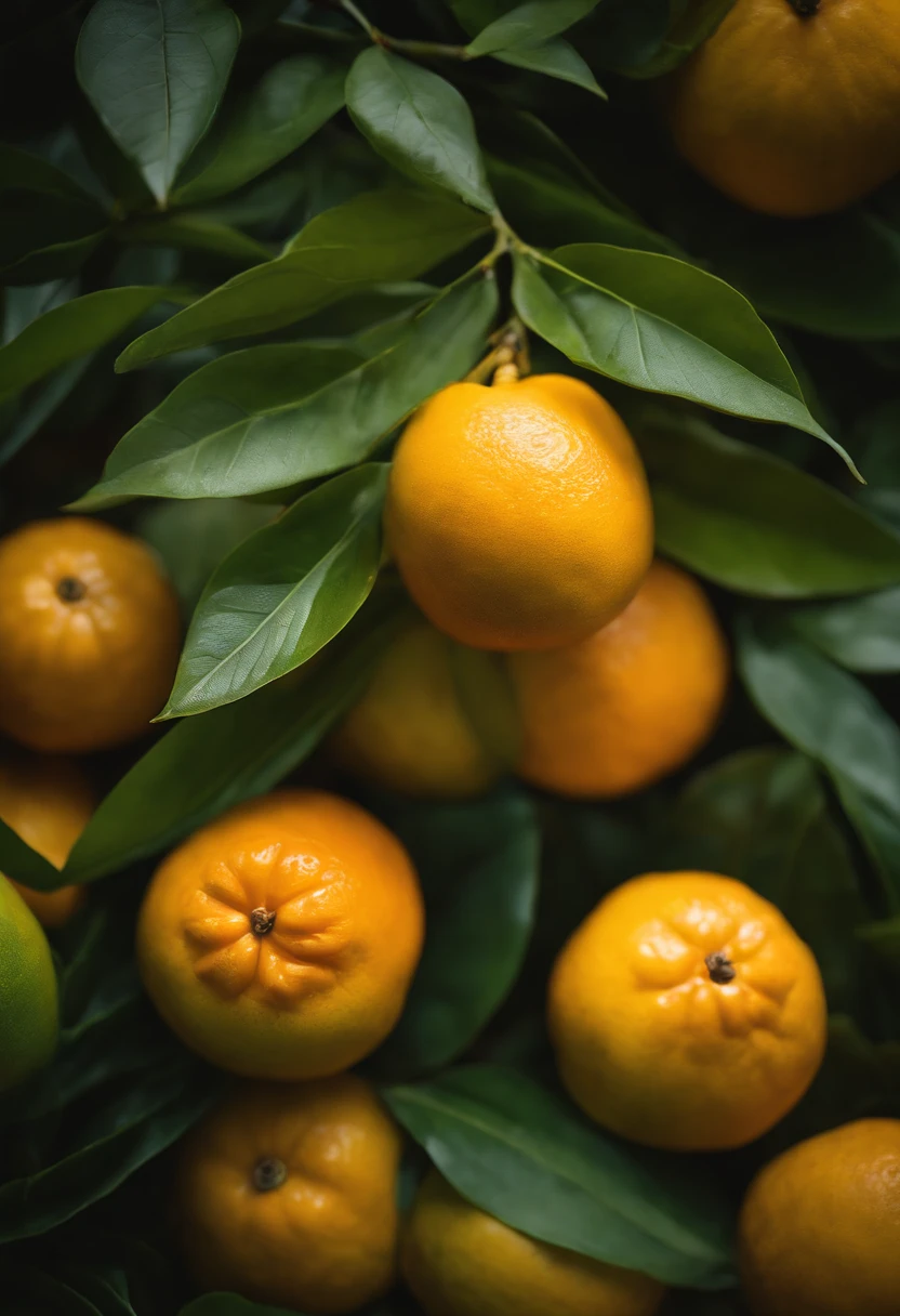 An aesthetic photography composition showcasing a yellow mandarin fruit amidst a cluster of vibrant green leaves, with the natural light casting beautiful shadows and highlights, creating a visually pleasing and organic scene.