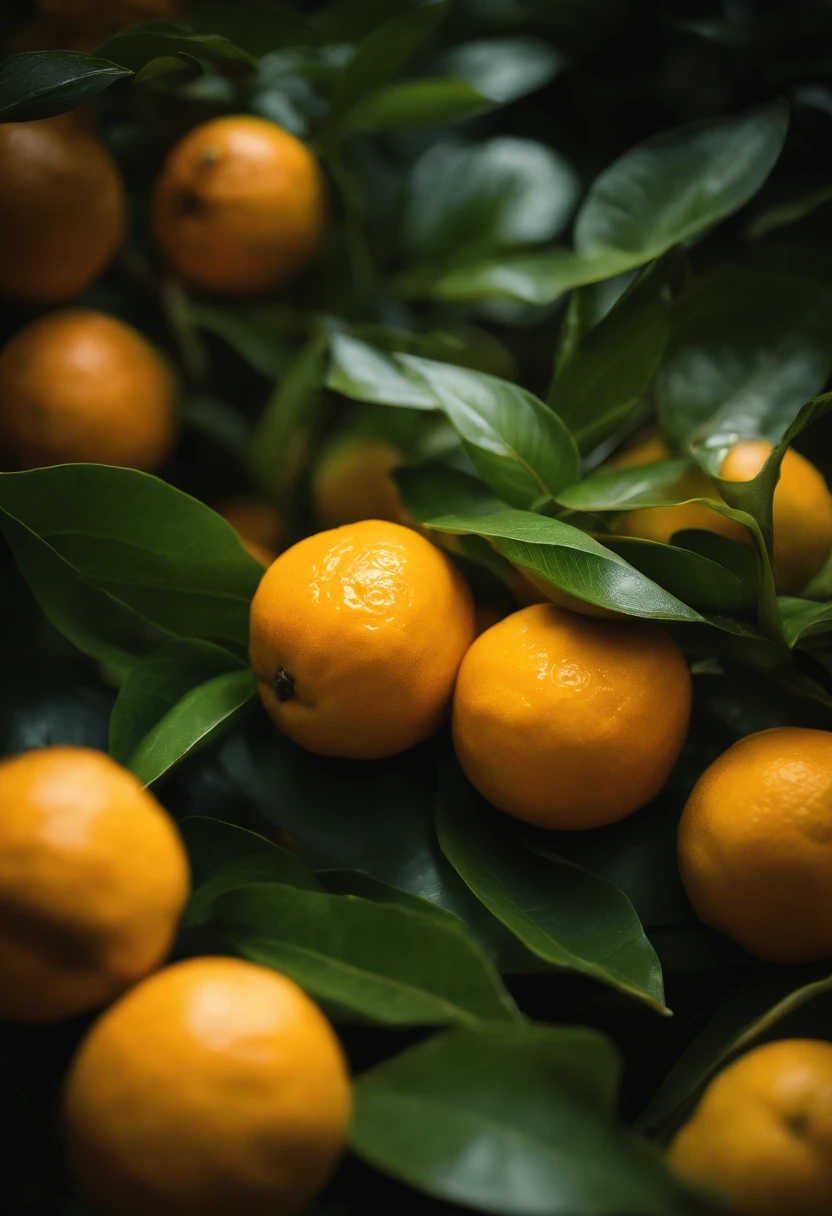 An aesthetic photography composition showcasing a yellow mandarin fruit amidst a cluster of vibrant green leaves, with the natural light casting beautiful shadows and highlights, creating a visually pleasing and organic scene.