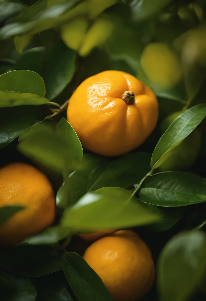 An aesthetic photography composition showcasing a yellow mandarin fruit amidst a cluster of vibrant green leaves, with the natural light casting beautiful shadows and highlights, creating a visually pleasing and organic scene.