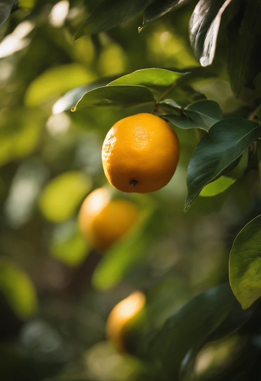An aesthetic photography composition showcasing a yellow mandarin fruit amidst a cluster of vibrant green leaves, with the natural light casting beautiful shadows and highlights, creating a visually pleasing and organic scene.