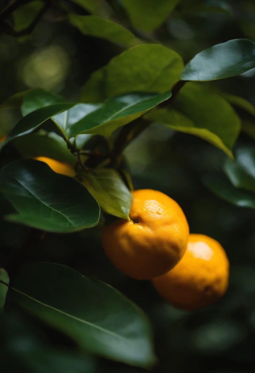 An aesthetic photography composition showcasing a yellow mandarin fruit amidst a cluster of vibrant green leaves, with the natural light casting beautiful shadows and highlights, creating a visually pleasing and organic scene.