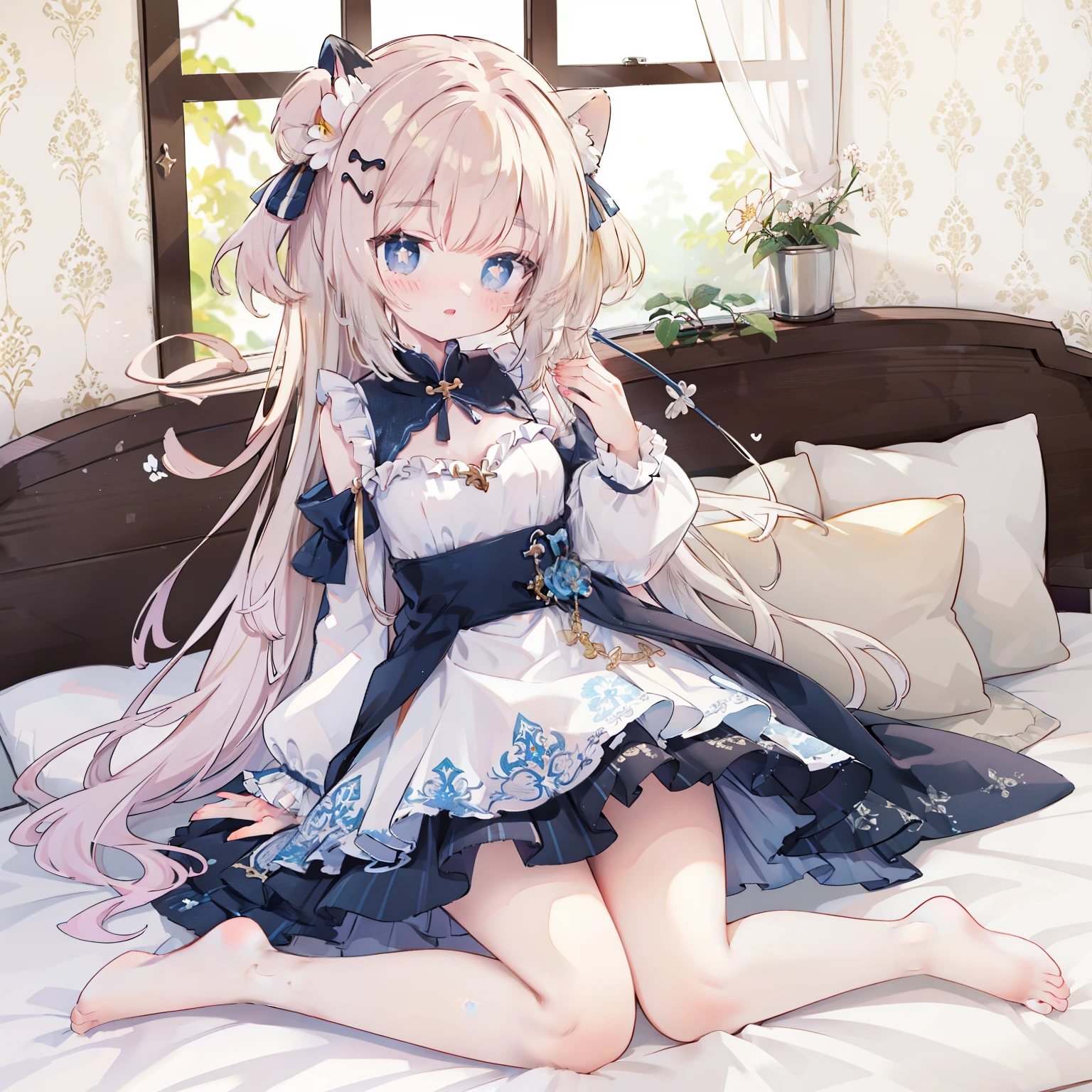 (best quality,8k,high resolution,masterpiece:1.2),super detailed,lifelike,CG wallpaper,Excellent, Beautiful and delicate face, 1 girl, alone, cross-shaped pupils, Default attire, Everlasting，Kneel on the bed