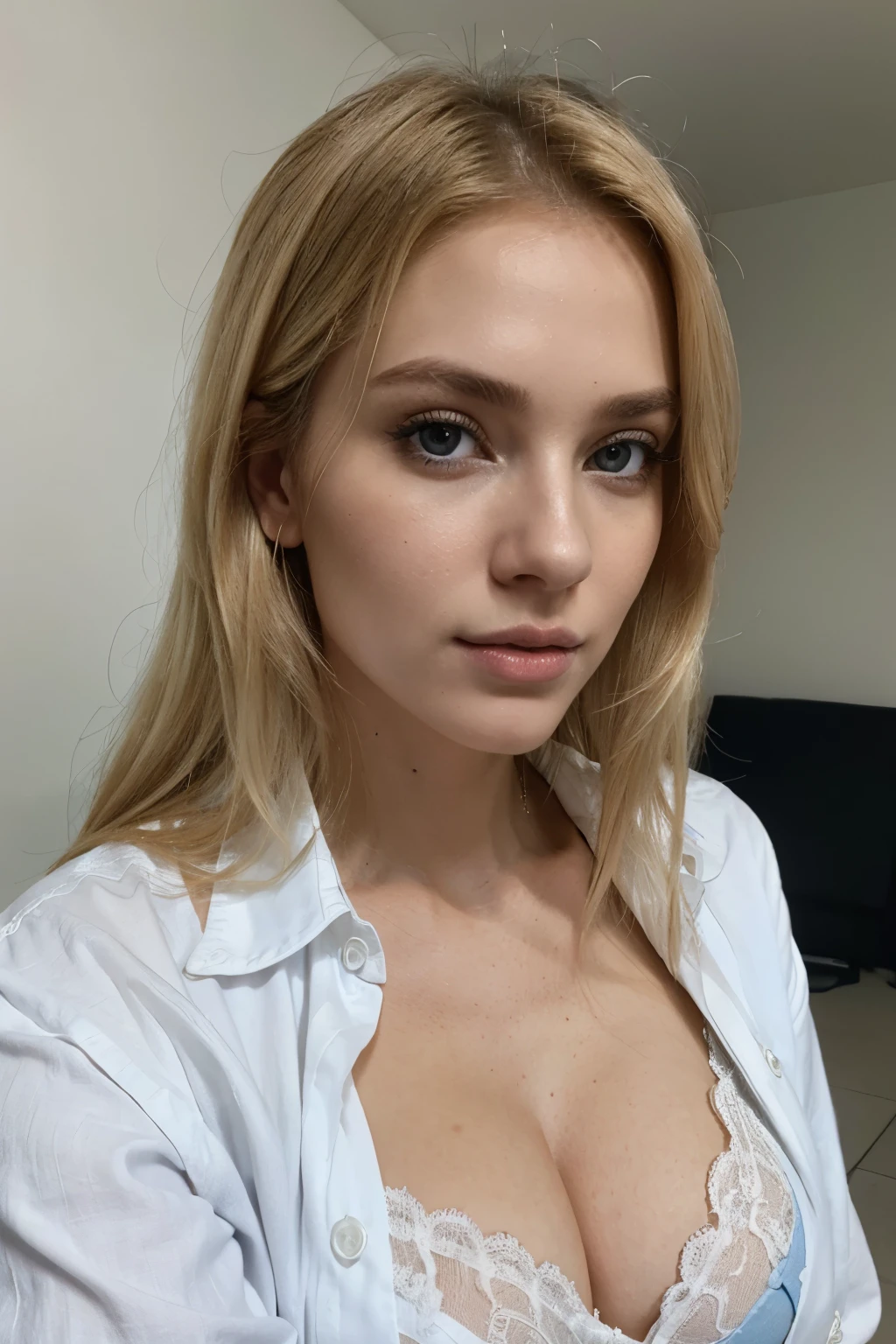 Close up portrait of a 24 years blonde gorgeus woman, biting her lipa and staring at camera, she is wearing White open shirt with a black bra and blue jeans