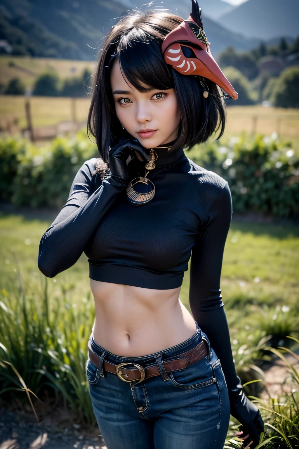 1girl, ((black long sleeved parka, long dark blue jeans, iron belt), (midriff, navel), looking
at viewer, seductive smile, snowy field, fashion pose, (kujou sara:1.3), mask on head, blue hair, short hair, yellow eyes, (cinematic lighting, best quality, masterpiece, anatomically correct, detailed textured skin, high details, best quality, highres, HD,
4K, 8k, super detail)